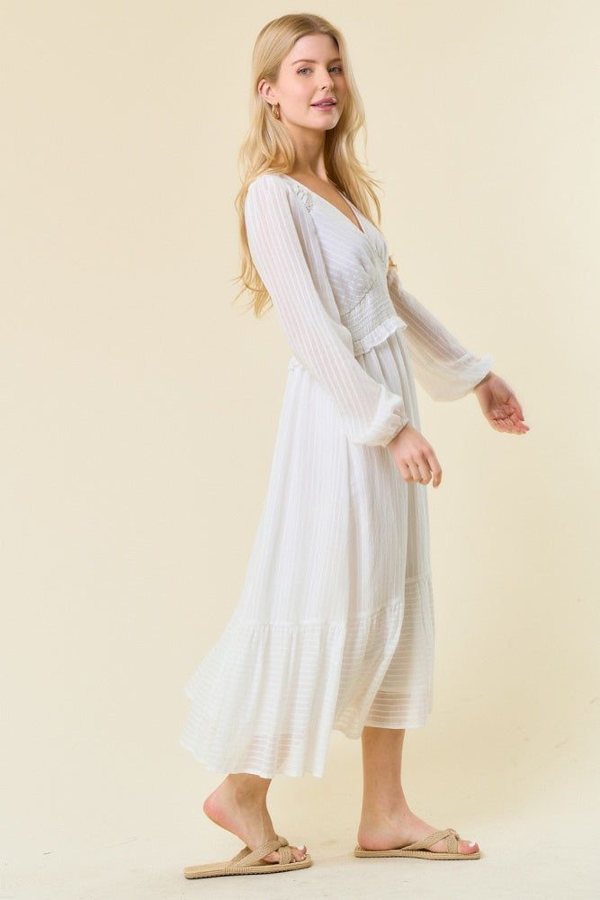 Off White V Neck Midi Dress With Smocked Waist sold by Pinkblush product image thumbnail 2