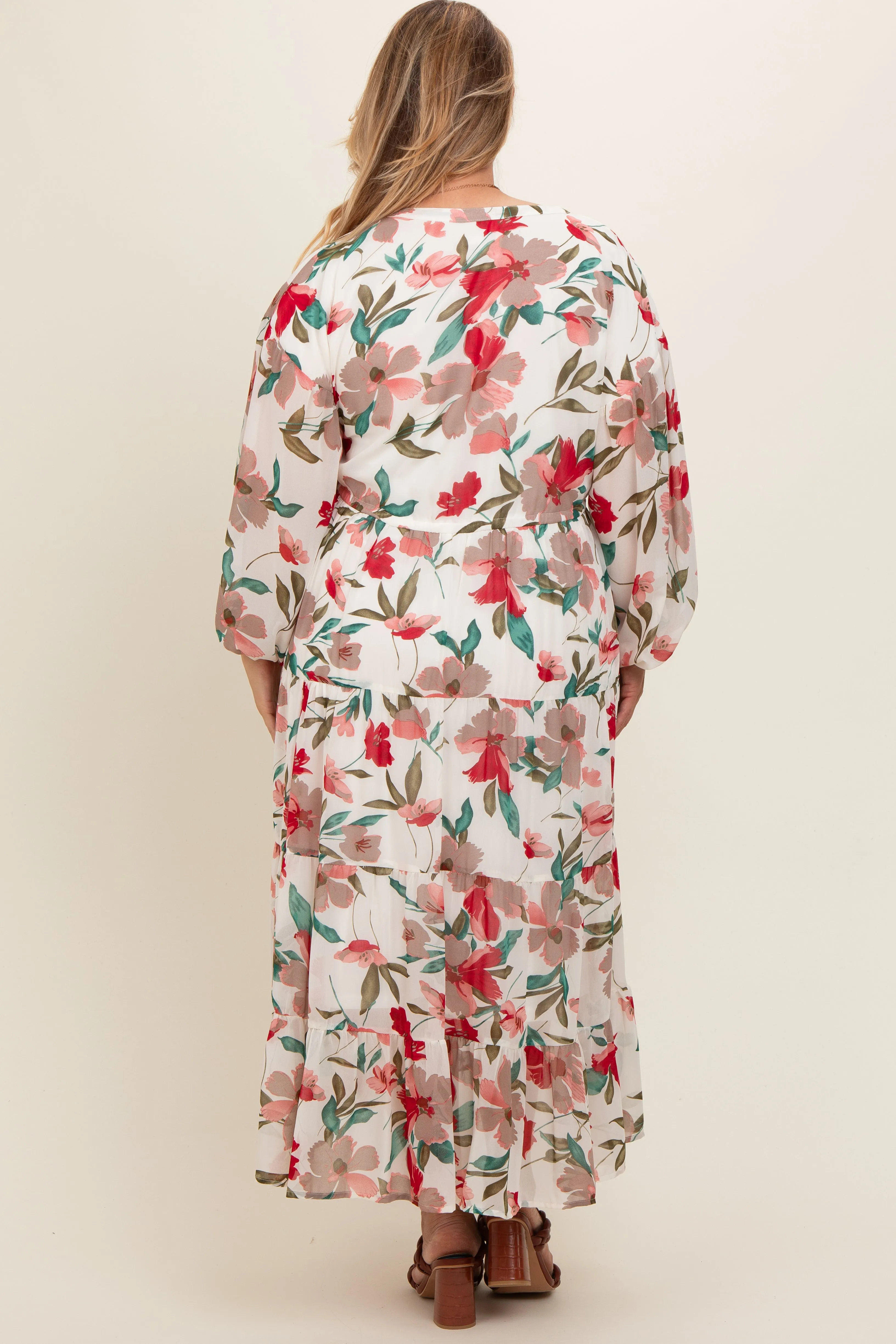 Ivory Floral Front Button Waist Tie Maternity Plus Midi Dress sold by Pinkblush product image thumbnail 3