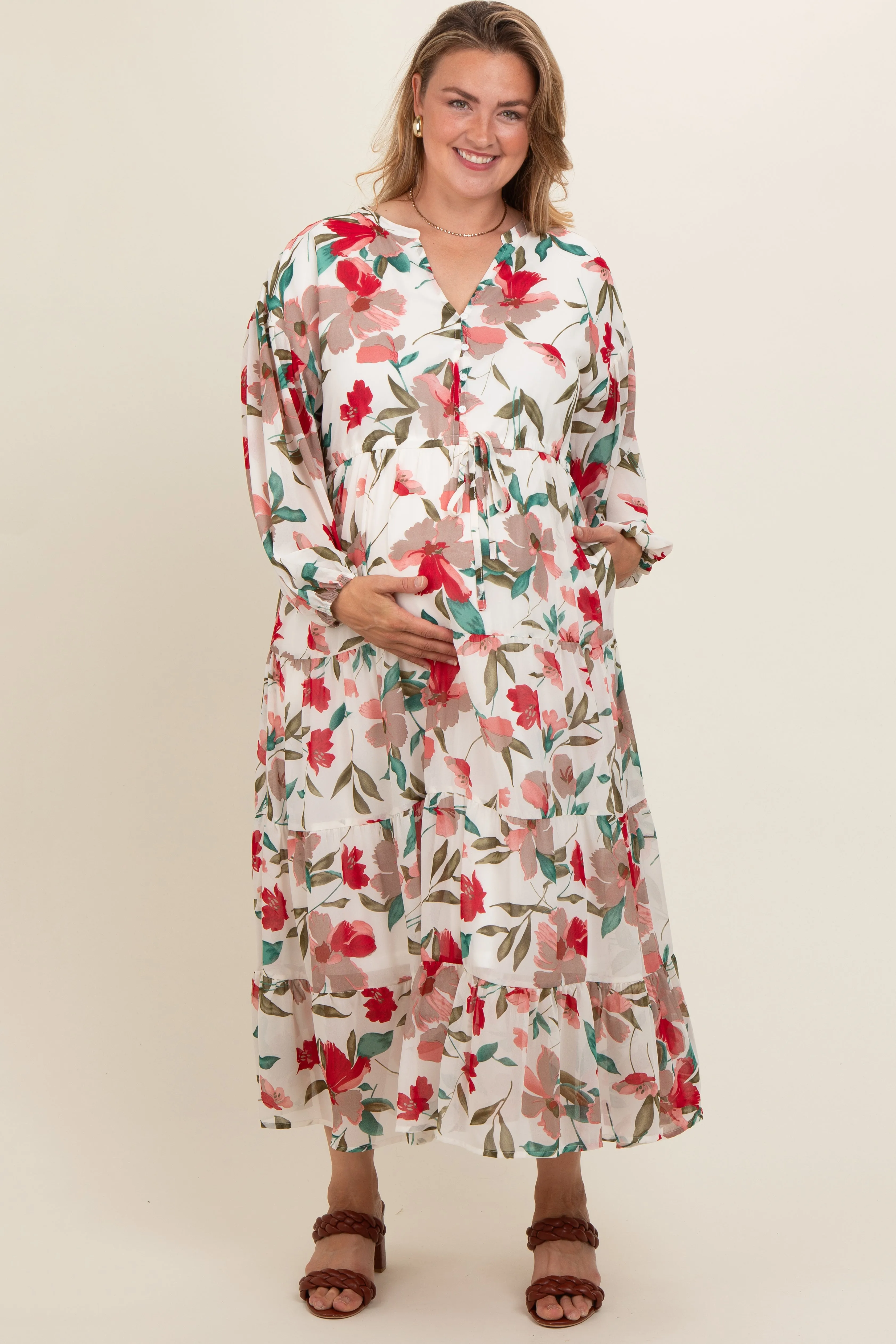 Ivory Floral Front Button Waist Tie Maternity Plus Midi Dress sold by Pinkblush