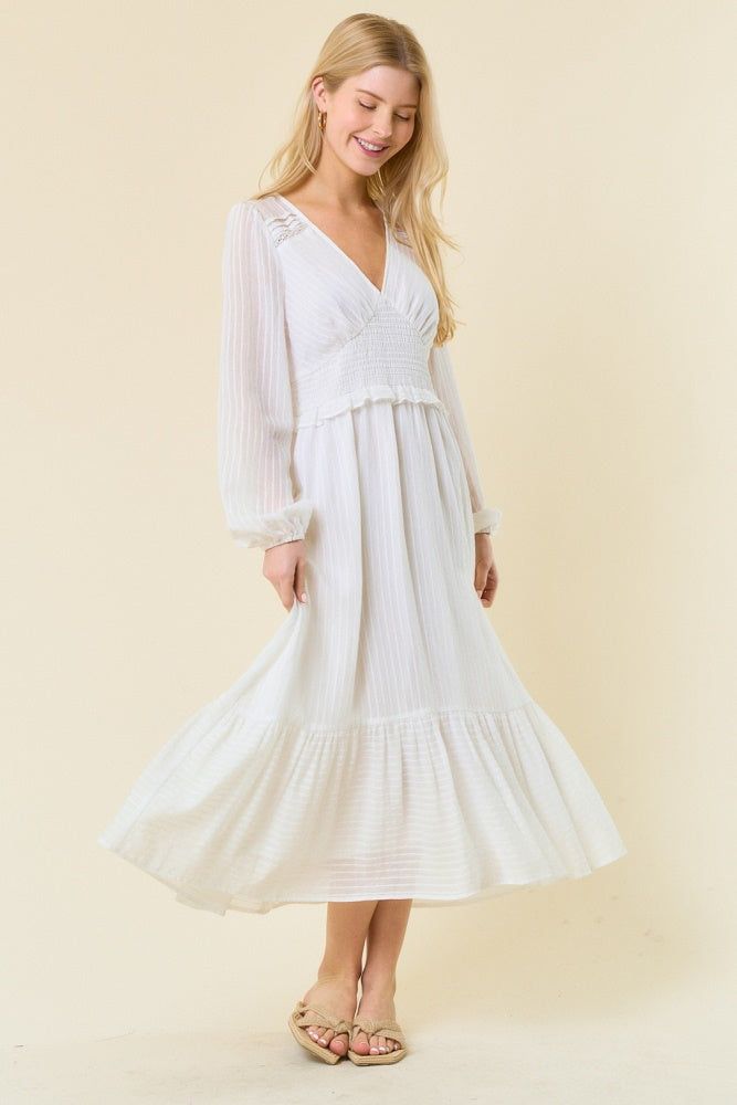 Off White V Neck Midi Dress With Smocked Waist sold by Pinkblush