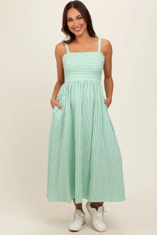 Green Striped Square Neck Open Back Sleeveless Maternity Midi Dress sold by Pinkblush