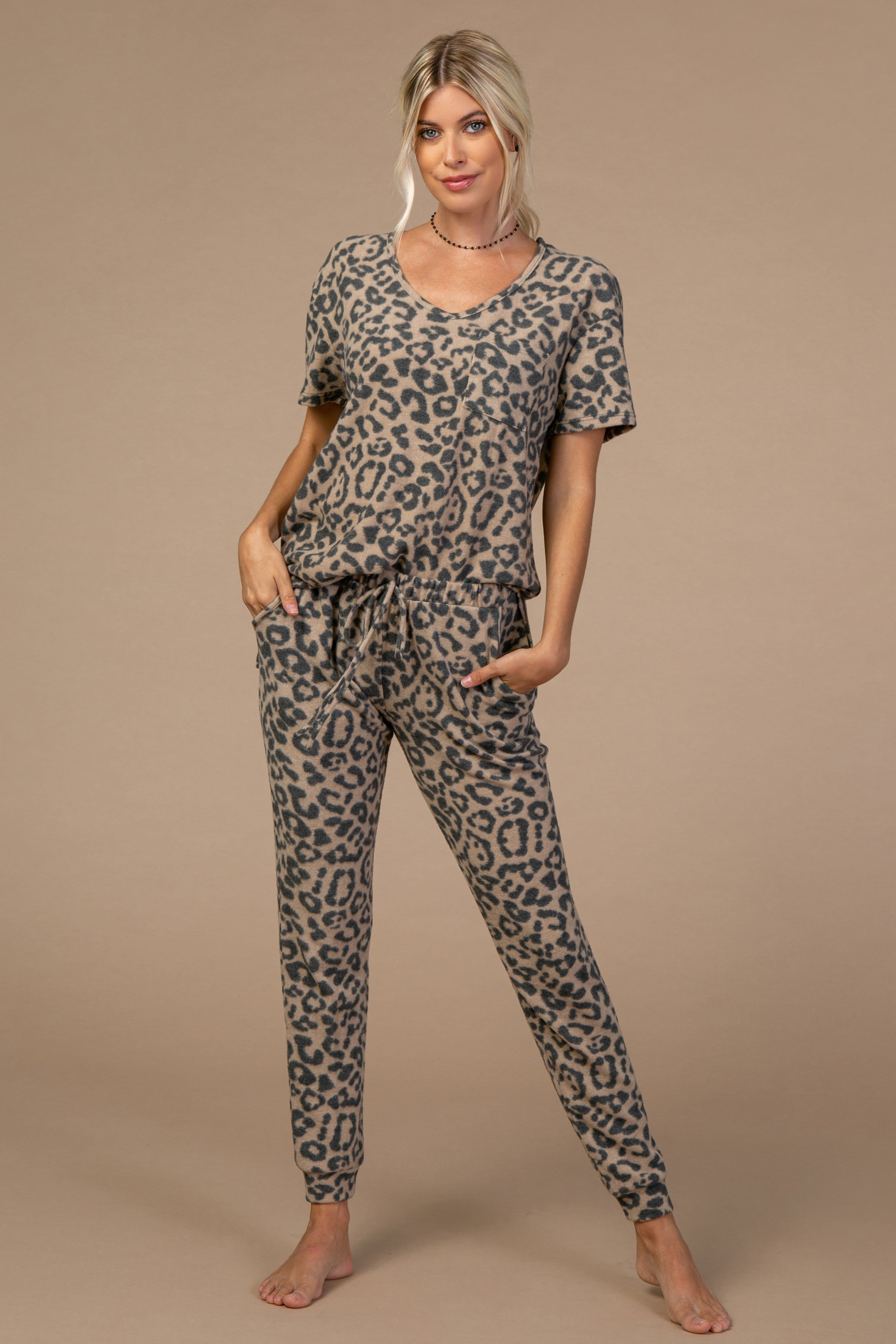 PinkBlush Camel Leopard Print Pocket Front Pajama Set sold by Pinkblush