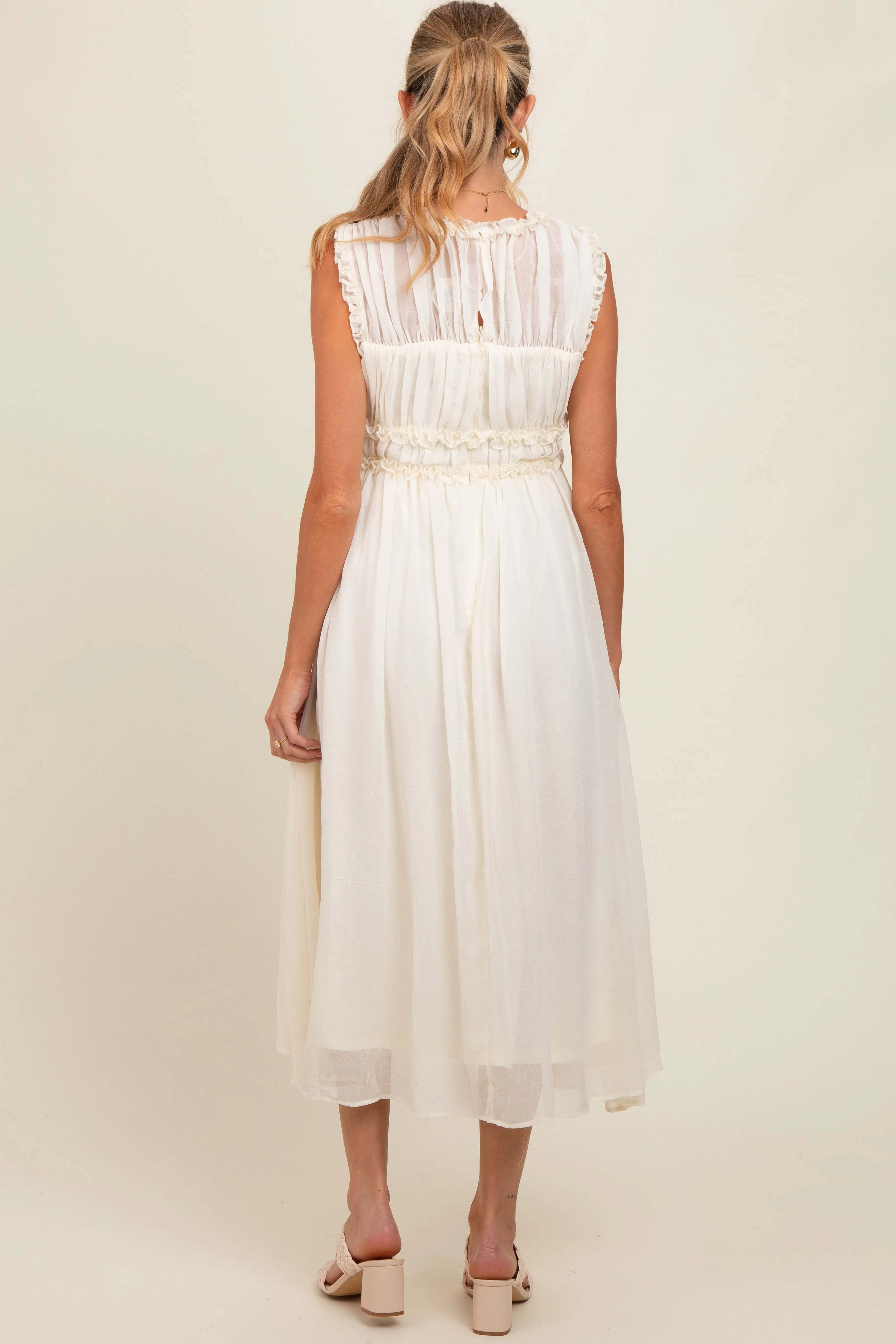 Cream Chiffon Ruched Lettuce Edge Ruffle Maternity Midi Dress sold by Pinkblush product image thumbnail 4