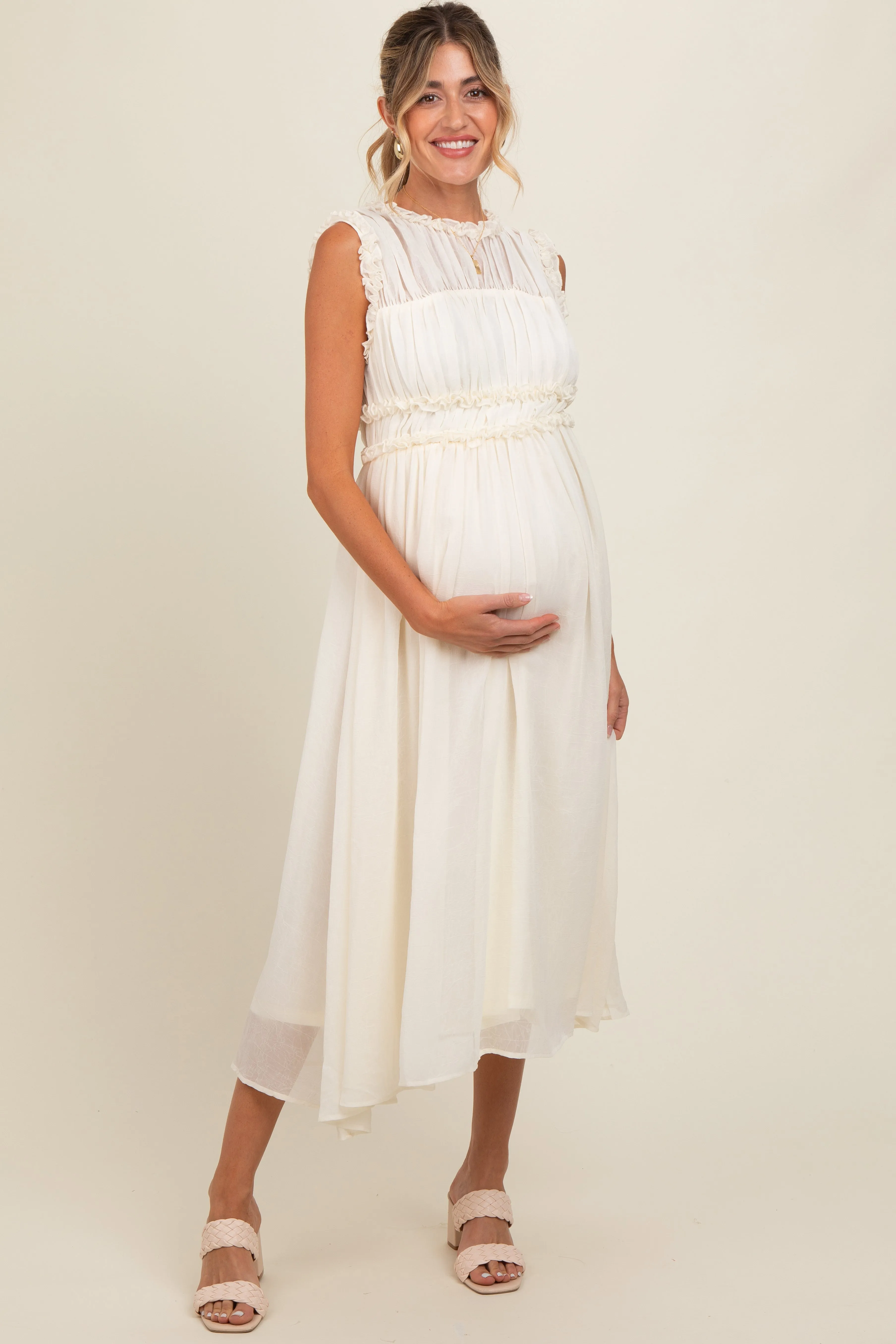 Cream Chiffon Ruched Lettuce Edge Ruffle Maternity Midi Dress sold by Pinkblush