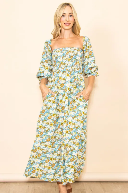 Teal Floral Print Off Shoulder Smocked Maxi Dress sold by Pinkblush