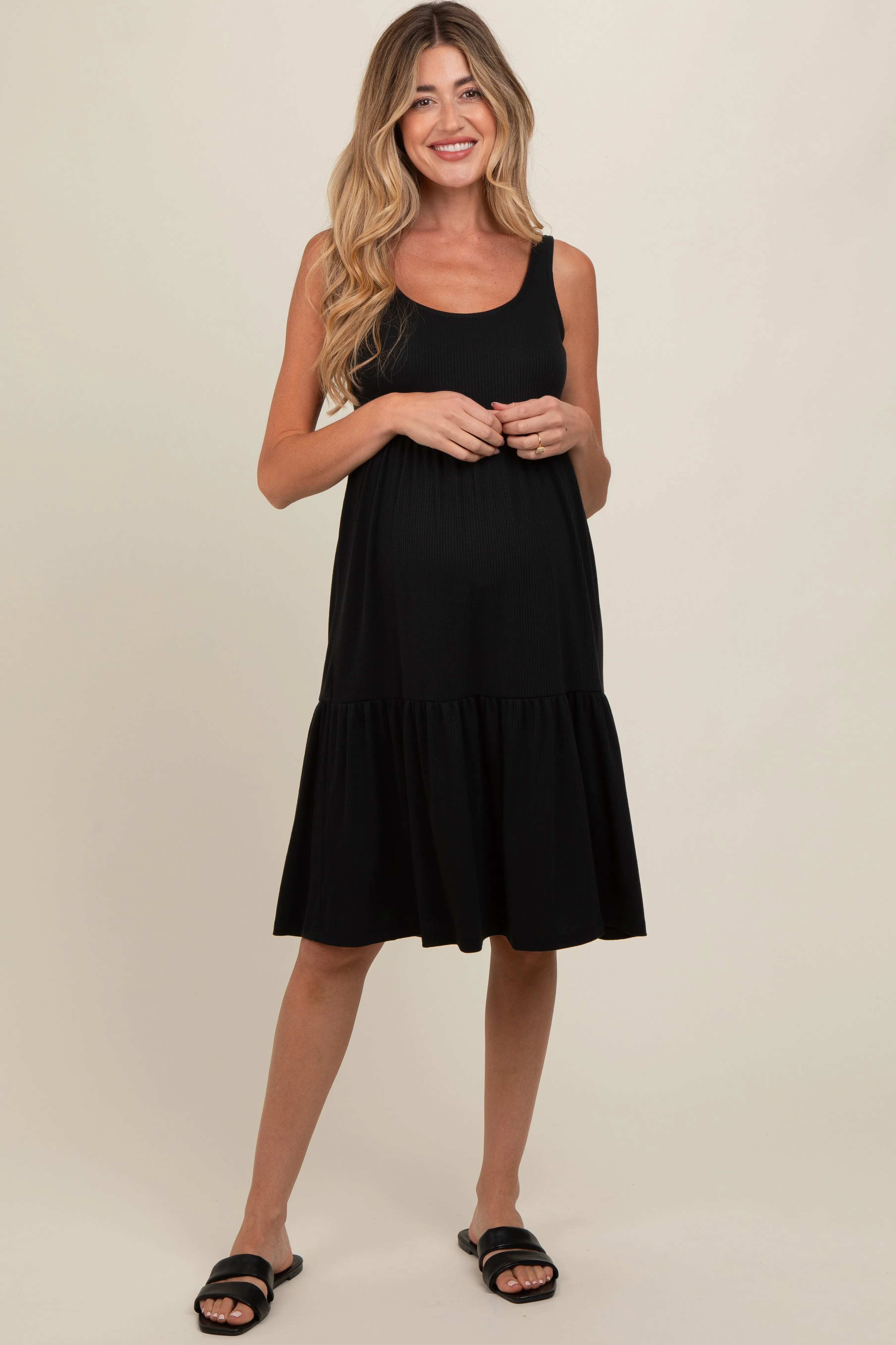 Black Tiered Sleeveless Maternity Midi Dress sold by Pinkblush
