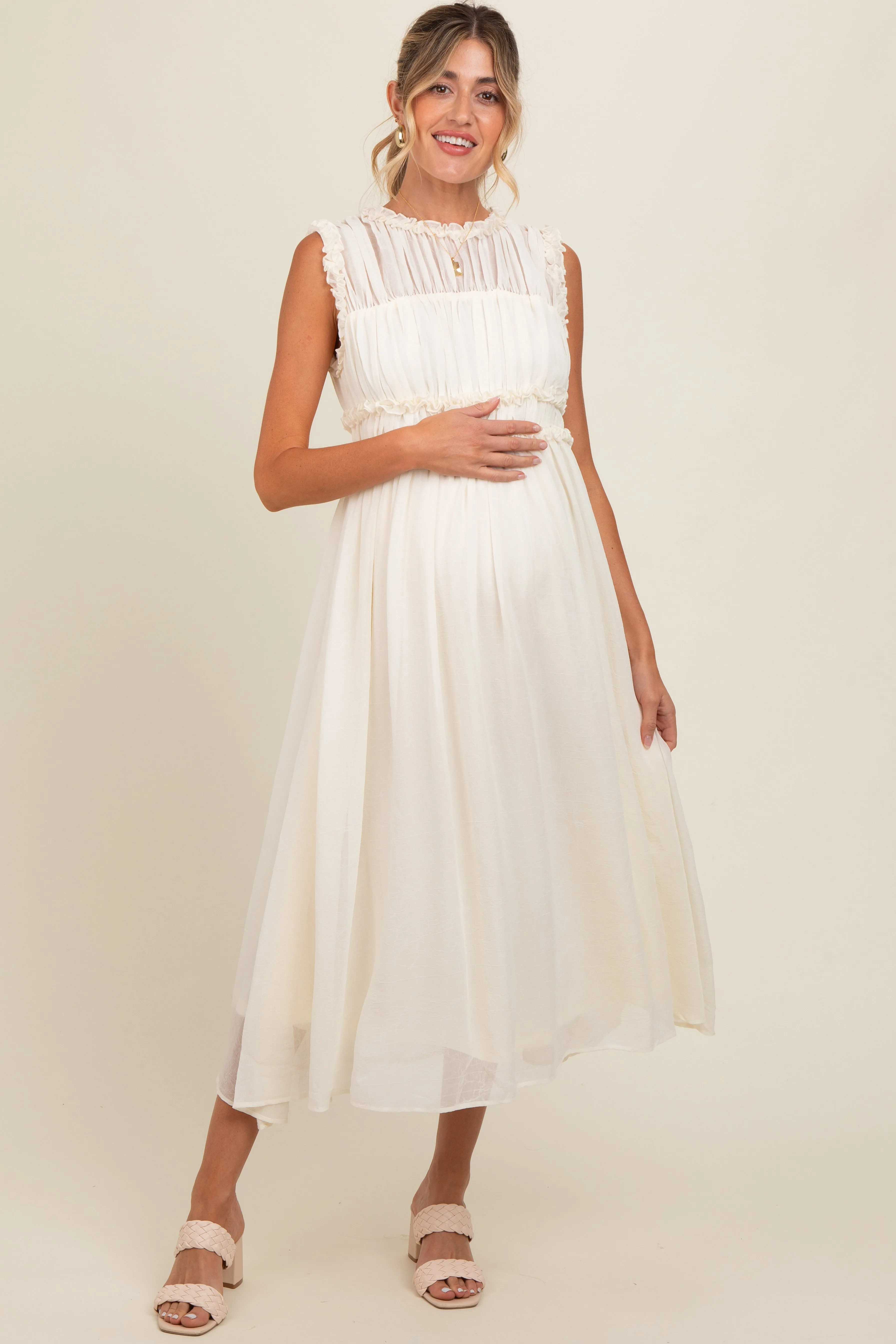 Cream Chiffon Ruched Lettuce Edge Ruffle Maternity Midi Dress sold by Pinkblush product image thumbnail 2