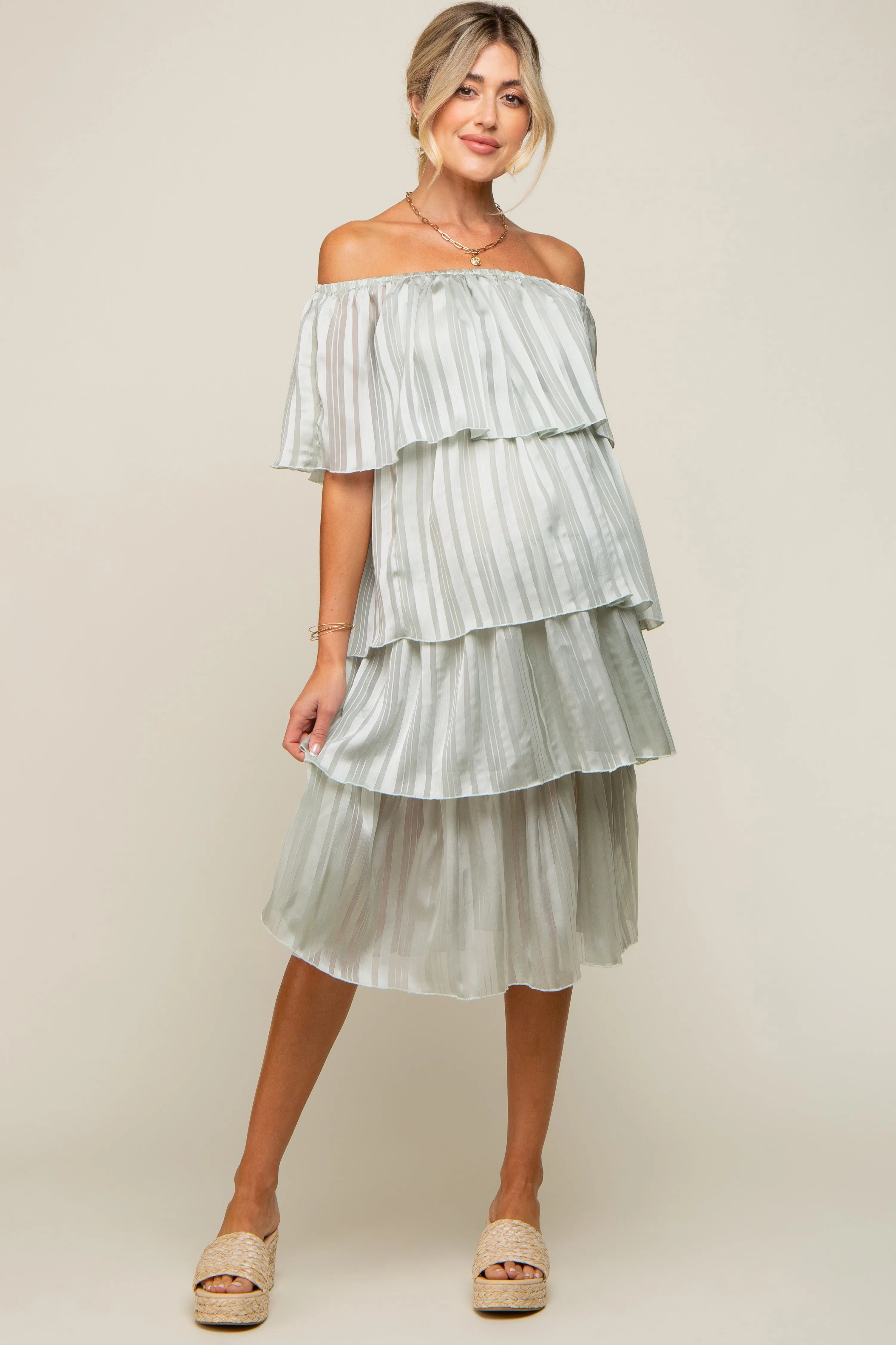 Light Mint Green Striped Layered Maternity Midi Dress sold by Pinkblush product image thumbnail 5