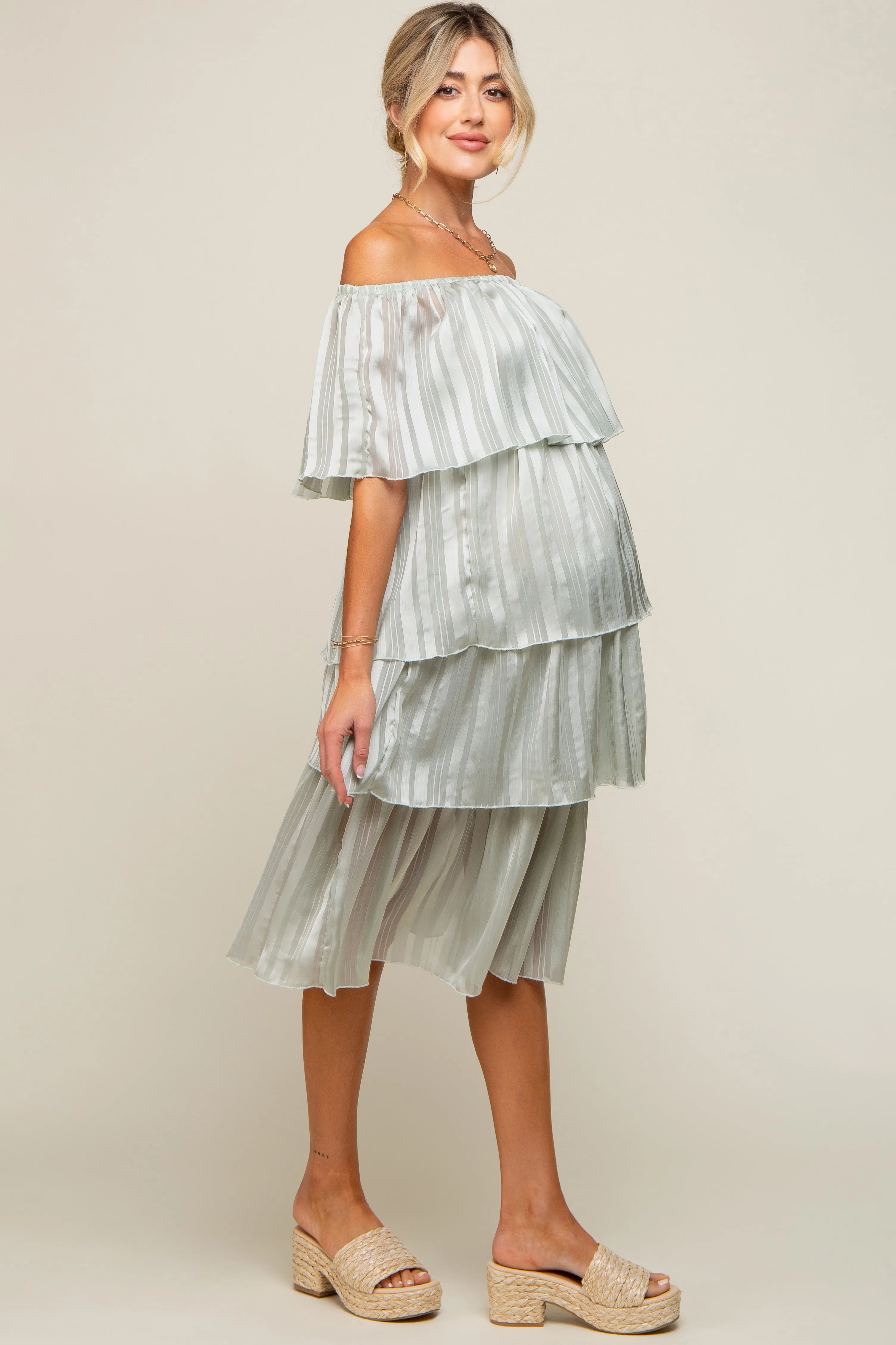 Light Mint Green Striped Layered Maternity Midi Dress sold by Pinkblush product image thumbnail 2