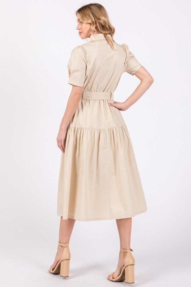 Taupe Collared Button Top Poplin Tier Midi Dress sold by Pinkblush product image thumbnail 4