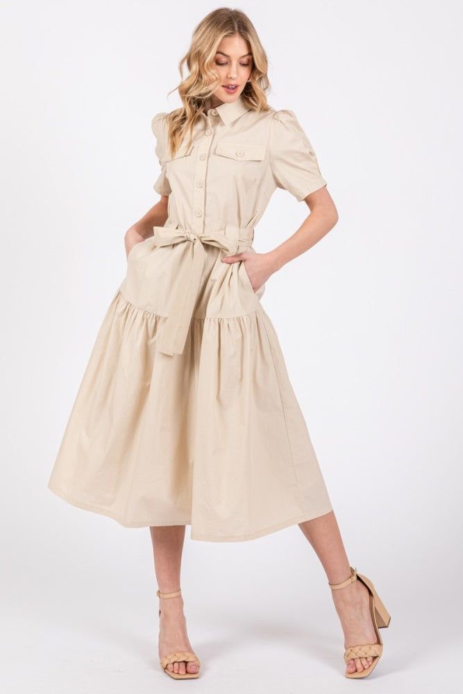 Taupe Collared Button Top Poplin Tier Midi Dress sold by Pinkblush