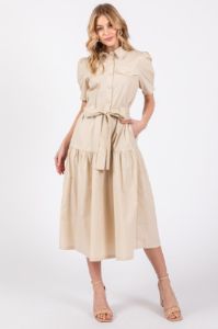 Taupe Collared Button Top Poplin Tier Midi Dress sold by Pinkblush