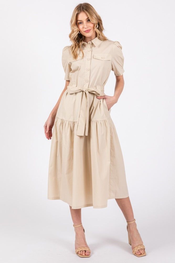 Taupe Collared Button Top Poplin Tier Midi Dress sold by Pinkblush product image thumbnail 2