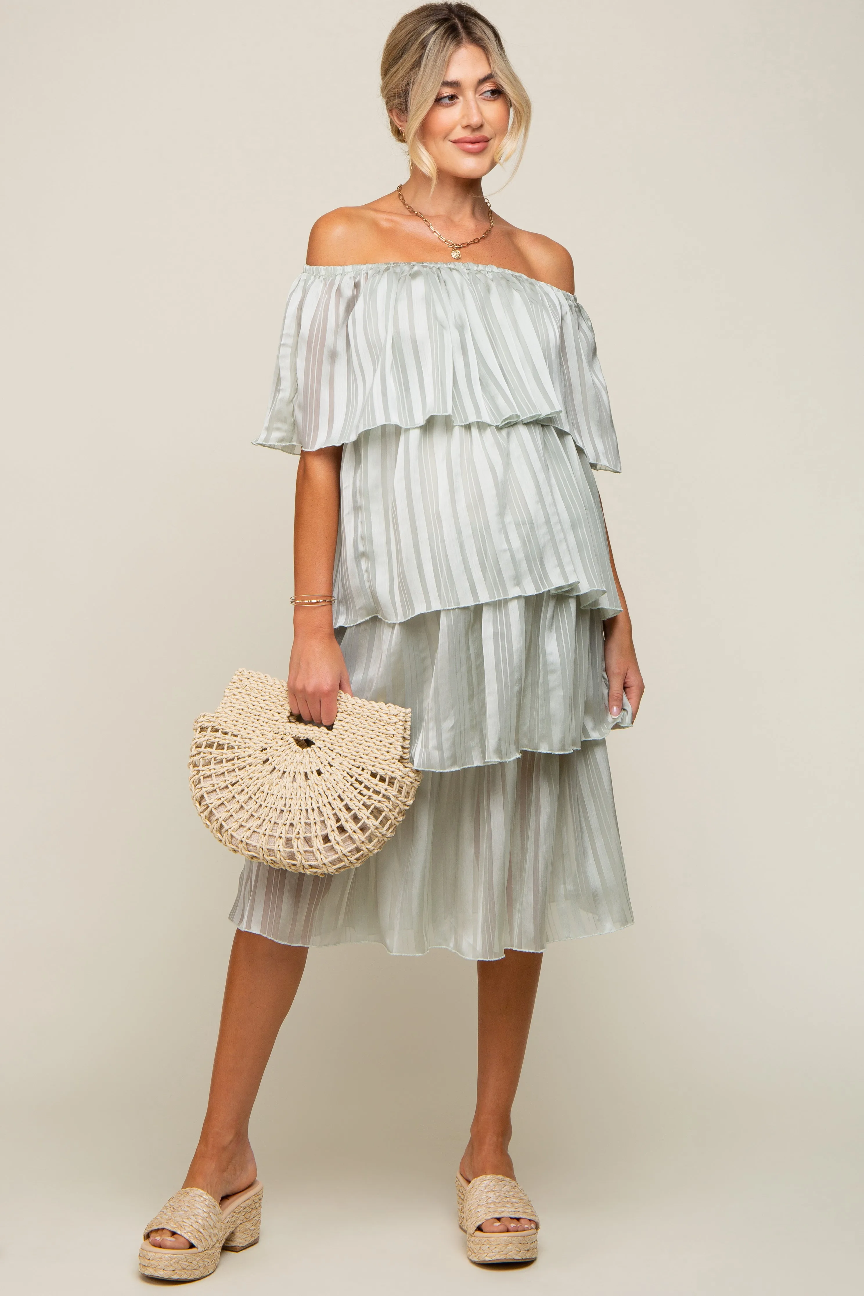 Light Mint Green Striped Layered Maternity Midi Dress sold by Pinkblush product image thumbnail 4