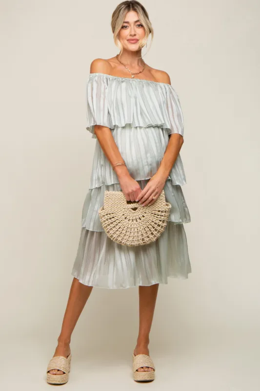 Light Mint Green Striped Layered Maternity Midi Dress sold by Pinkblush