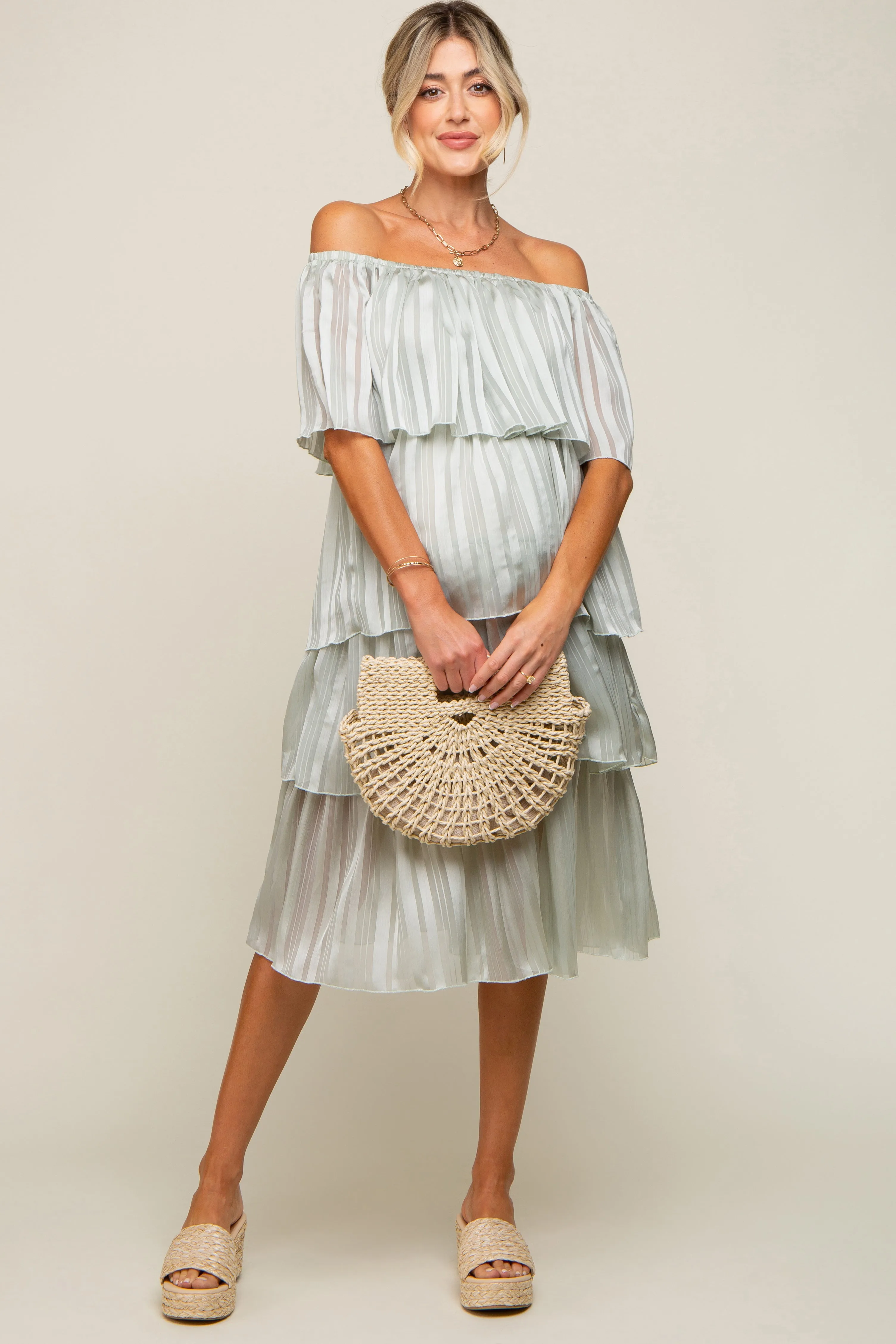 Light Mint Green Striped Layered Maternity Midi Dress sold by Pinkblush