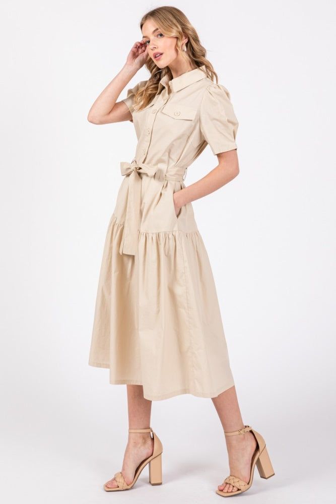 Taupe Collared Button Top Poplin Tier Midi Dress sold by Pinkblush product image thumbnail 3