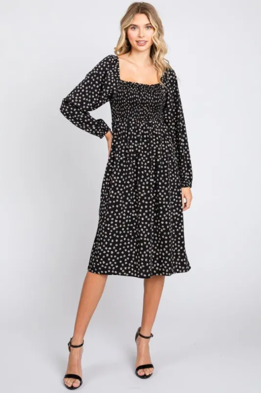 Black Floral Smocked Long Sleeve Dress sold by Pinkblush