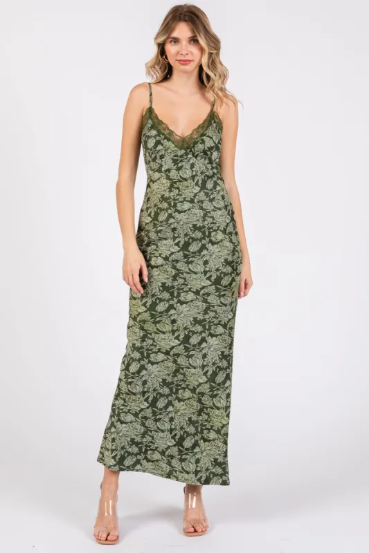 Olive Satin Floral Lace V-Neck Cut Out Back Midi Dress sold by Pinkblush