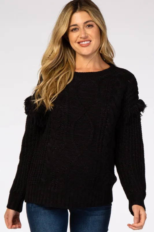 Black Cable Knit Fringe Sleeve Maternity Sweater sold by Pinkblush