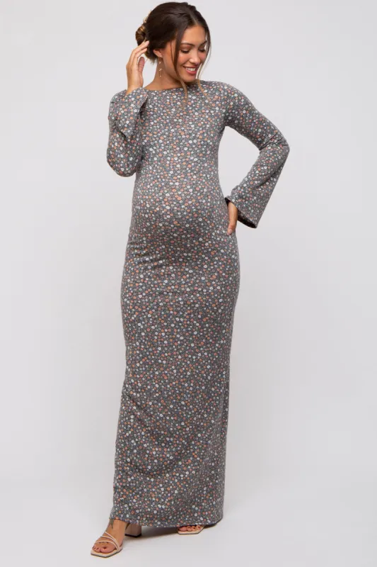 Charcoal Floral Long Sleeve Open Back Maternity Maxi Dress sold by Pinkblush