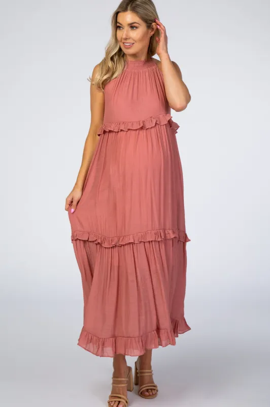 Mauve Halter Neck Ruffle Trim Maternity Maxi Dress sold by Pinkblush