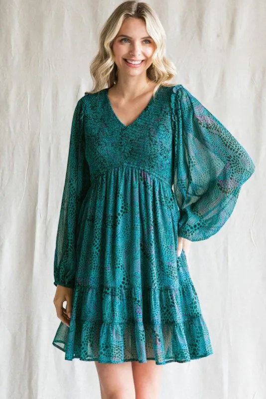 Teal Printed Smocked Long Sleeve Dress sold by Pinkblush