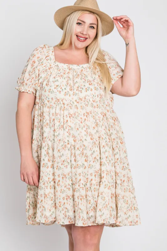 Ivory Floral Pleated Square Neck Plus Dress sold by Pinkblush