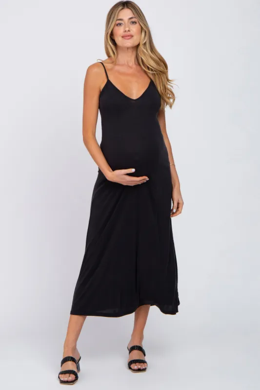 Black V-Neck Criss Cross Back Side Slit Maternity Midi Dress sold by Pinkblush