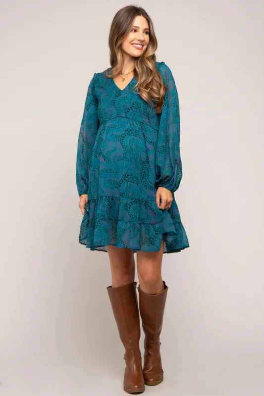 Teal Printed Smocked Long Sleeve Maternity Dress sold by Pinkblush
