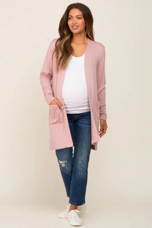 Mauve Open Front Side Pocket Maternity Cardigan sold by Pinkblush