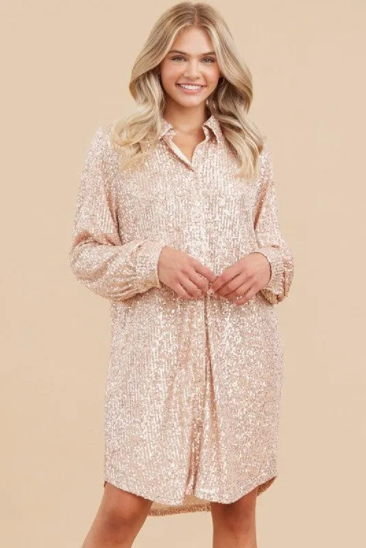 Beige Sequin Long Sleeve Shirt Dress sold by Pinkblush