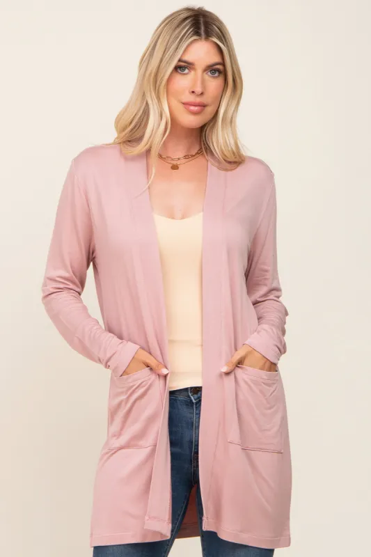 Mauve Open Front Side Pocket Cardigan sold by Pinkblush