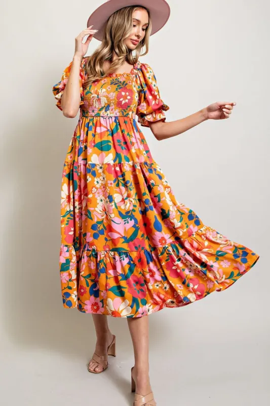 Orange Floral Satin Smocked Short Sleeve Midi Dress sold by Pinkblush