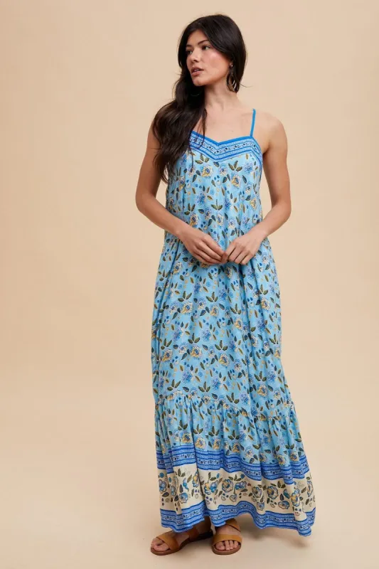 Blue Floral Border Print Lace Up Back Maxi Dress sold by Pinkblush