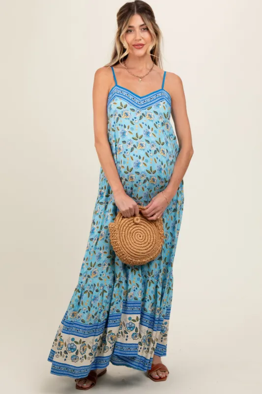 Blue Floral Border Print Lace Up Back Maternity Maxi Dress sold by Pinkblush