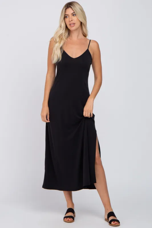 Black V-Neck Criss Cross Back Side Slit Midi Dress sold by Pinkblush