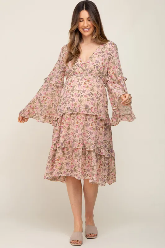 Pink Floral Long Sleeve Ruffle Tiered Maternity Dress sold by Pinkblush
