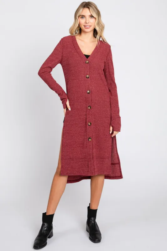 Burgundy Rib Knit Front Button Cardigan sold by Pinkblush