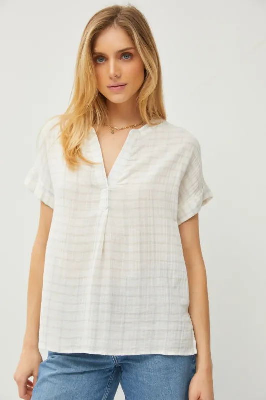 Ivory Plaid Cotton Gauze Short Sleeve V-Neck Shirt Top sold by Pinkblush