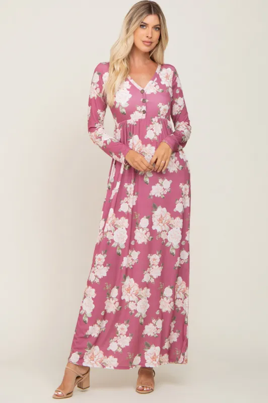 Mauve Floral Button Front Maxi Dress sold by Pinkblush