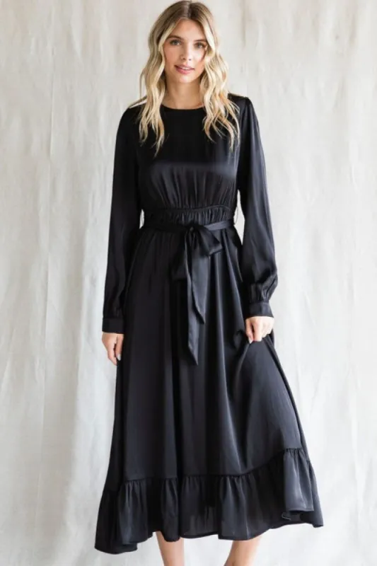 Black Satin Belted Waist Midi Dress sold by Pinkblush
