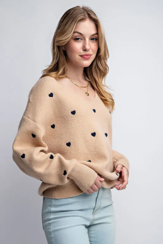 Taupe Heart Pattern Boxy Knit Pullover Sweater sold by Pinkblush