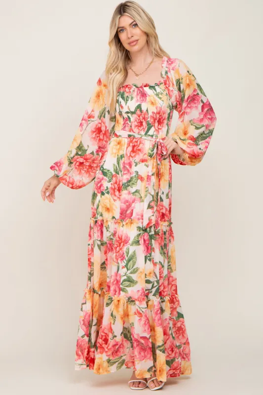 Ivory Floral Chiffon Smocked Off Shoulder Maxi Dress sold by Pinkblush