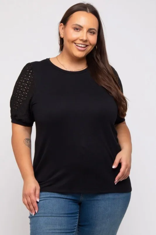 Black Eyelet Lace Sleeve Plus Top sold by Pinkblush