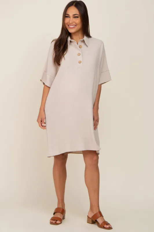 Beige Linen Front Button Collared Maternity Dress sold by Pinkblush
