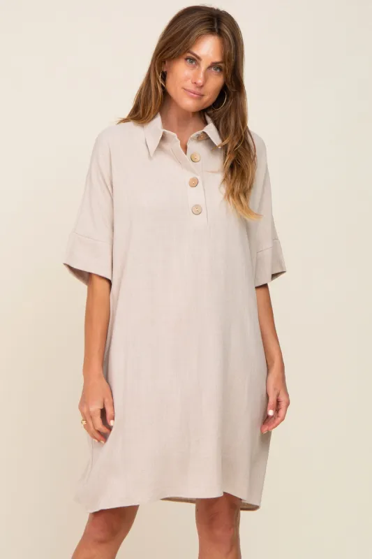 Beige Linen Front Button Collared Dress sold by Pinkblush