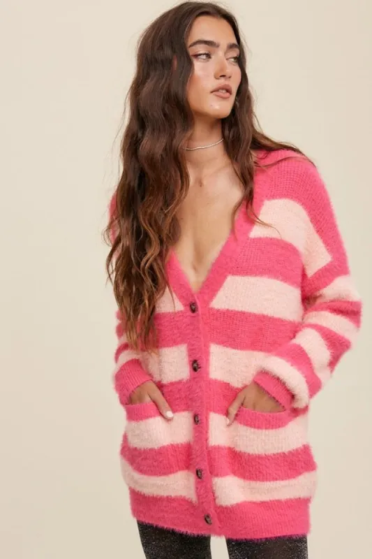 Pink Striped Fuzzy Cardigan sold by Pinkblush