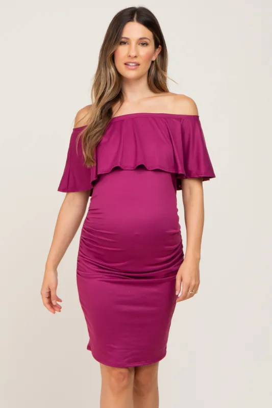 Magenta Off Shoulder Fitted Maternity Dress sold by Pinkblush