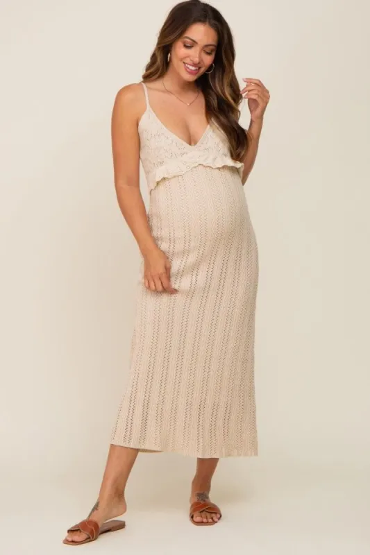 Beige Crochet Eyelet Trim Maternity Midi Dress sold by Pinkblush